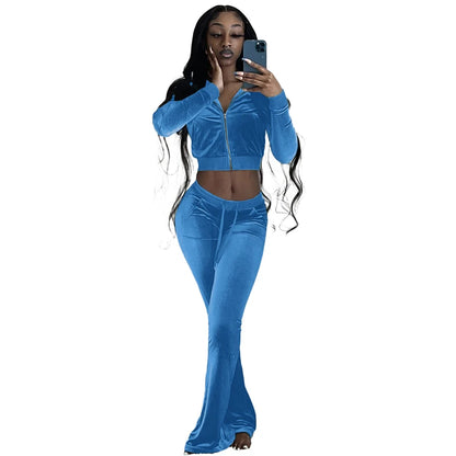Fall 2022 Solid Velvet Sweatsuit Women Two Piece Sport Suit Zipped Long Sleeve Crop Coat and Bell Bottom Pant Velour Tracksuit-meg BEST buys