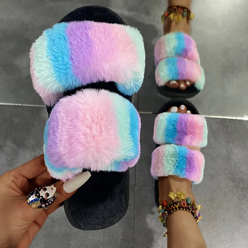 Leslides High Quality Fur Flat Sandals Furry Women's Sandals Soft Fur Slippers Sandals Fur Indoor Slides With Large Gold Chain-meg BEST buys