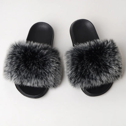 Custom new Summer Colorful Faux Fur Slides For Women Furry Slippers Slides Ladies Big Size Faux Fox Hair sandals-meg BEST buys