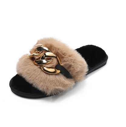 Leslides High Quality Fur Flat Sandals Furry Women's Sandals Soft Fur Slippers Sandals Fur Indoor Slides With Large Gold Chain-meg BEST buys