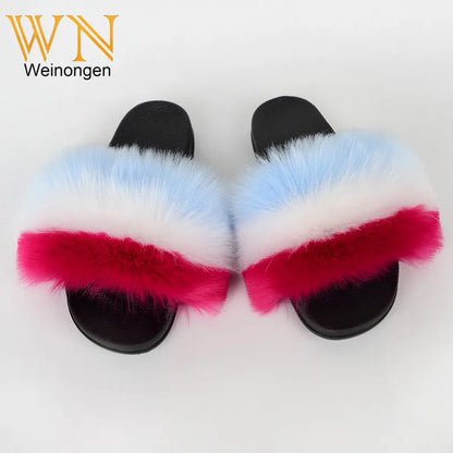Custom new Summer Colorful Faux Fur Slides For Women Furry Slippers Slides Ladies Big Size Faux Fox Hair sandals-meg BEST buys