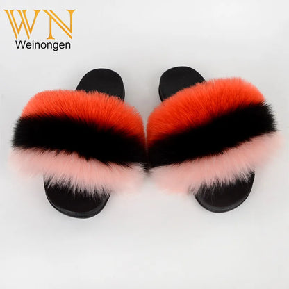 Custom new Summer Colorful Faux Fur Slides For Women Furry Slippers Slides Ladies Big Size Faux Fox Hair sandals-meg BEST buys