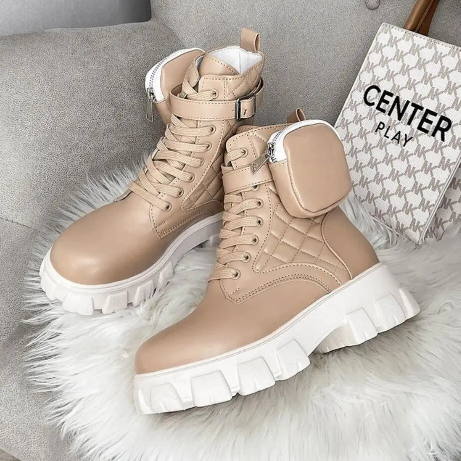 Thick-soled wallet women's boots winter new patent leather women's boots lace up motorcycle boots-meg BEST buys