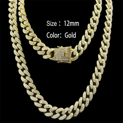 European High Quality Men's Cuban Link Chain Hip Hop Iced Out Crystal Cuban Necklace Link Chain And Bracelet Set for Men-meg BEST buys