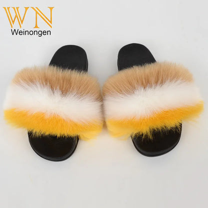 Custom new Summer Colorful Faux Fur Slides For Women Furry Slippers Slides Ladies Big Size Faux Fox Hair sandals-meg BEST buys