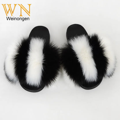 Custom new Summer Colorful Faux Fur Slides For Women Furry Slippers Slides Ladies Big Size Faux Fox Hair sandals-meg BEST buys