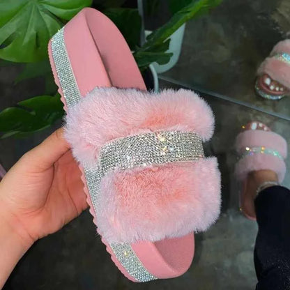 Rhinestone Fur Fluffy Plush Slippers Women Glitter Slides Blinged Platform Slippers For Women-meg BEST buys