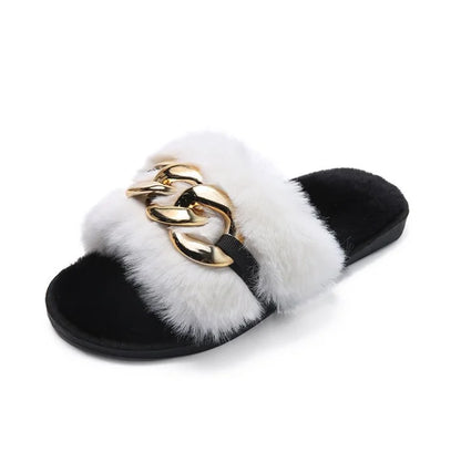 Leslides High Quality Fur Flat Sandals Furry Women's Sandals Soft Fur Slippers Sandals Fur Indoor Slides With Large Gold Chain-meg BEST buys