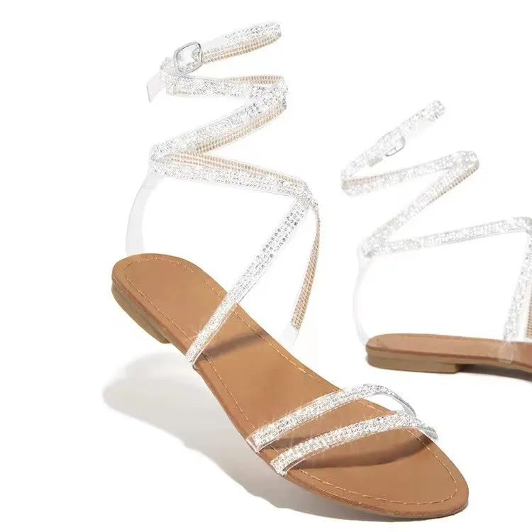 New flat with large size winding belt rhinestones womens sandals-meg BEST buys