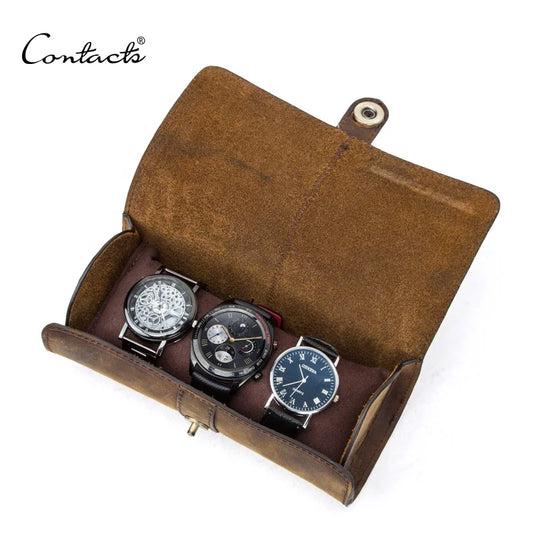 Wholesale CONTACT'S travel watch pouch genuine leather quality round 3 slots travel watch holder watch display cases roll pouch-meg BEST buys