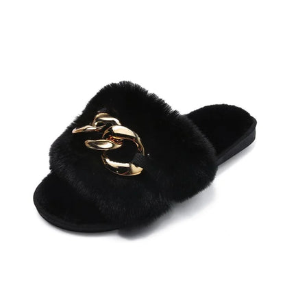 Leslides High Quality Fur Flat Sandals Furry Women's Sandals Soft Fur Slippers Sandals Fur Indoor Slides With Large Gold Chain-meg BEST buys