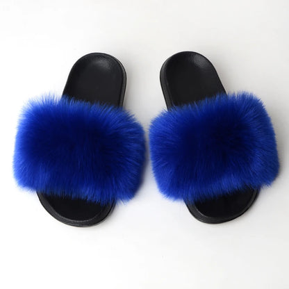 Custom new Summer Colorful Faux Fur Slides For Women Furry Slippers Slides Ladies Big Size Faux Fox Hair sandals-meg BEST buys