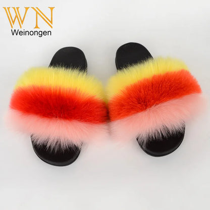 Custom new Summer Colorful Faux Fur Slides For Women Furry Slippers Slides Ladies Big Size Faux Fox Hair sandals-meg BEST buys