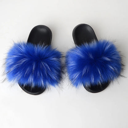 Custom new Summer Colorful Faux Fur Slides For Women Furry Slippers Slides Ladies Big Size Faux Fox Hair sandals-meg BEST buys