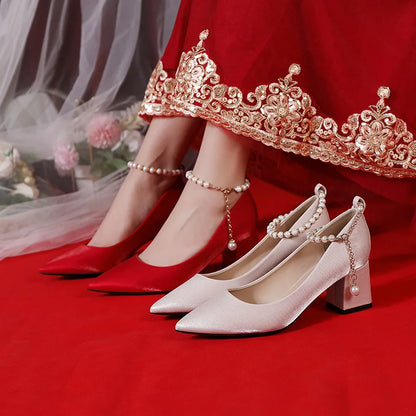 2022 New Female Spring Autumn Block Heels Pointed-toe Ankle Wrap Wedding Bridal Shoes Outside Banquet Ladies Sandals-meg BEST buys