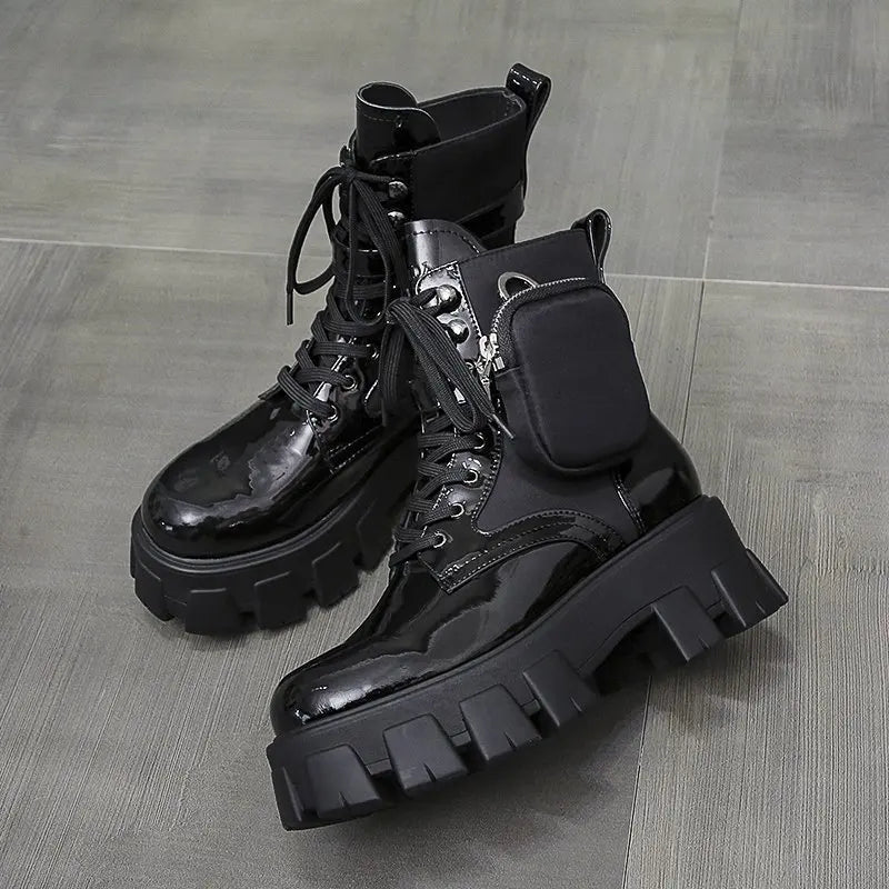 Thick-soled wallet women's boots winter new patent leather women's boots lace up motorcycle boots-meg BEST buys