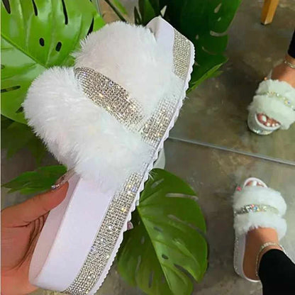 Rhinestone Fur Fluffy Plush Slippers Women Glitter Slides Blinged Platform Slippers For Women-meg BEST buys