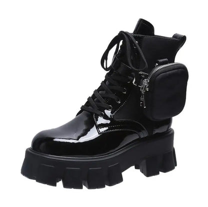 Thick-soled wallet women's boots winter new patent leather women's boots lace up motorcycle boots-meg BEST buys