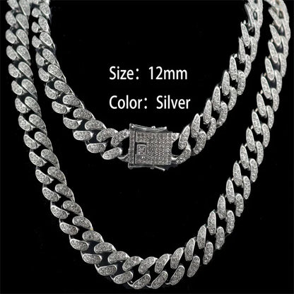 European High Quality Men's Cuban Link Chain Hip Hop Iced Out Crystal Cuban Necklace Link Chain And Bracelet Set for Men-meg BEST buys