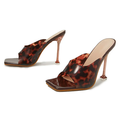 Fashion Sexy Rome Style PVC Summer Outdoor Square Open Toe Ankle Slip-On Mules Leopard High Heel Women Slippers Sandals 35-42-meg BEST buys