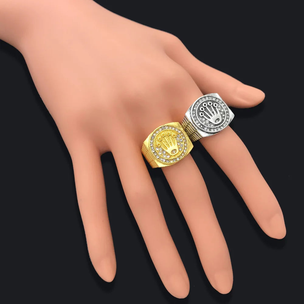 Hot Sale Vintage Hip Hop rock Crown Ring Men And Women Gold-plated Crown Rings Engagement Wedding Party Jewelry With Drill-meg BEST buys