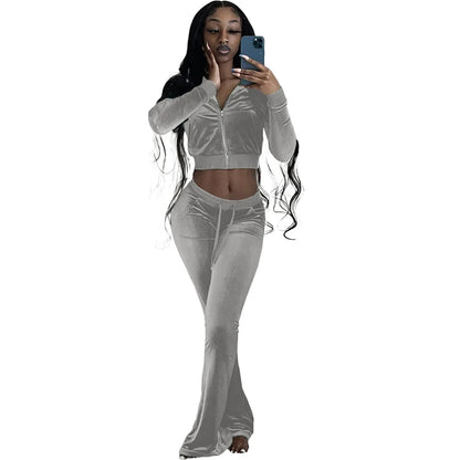 Fall 2022 Solid Velvet Sweatsuit Women Two Piece Sport Suit Zipped Long Sleeve Crop Coat and Bell Bottom Pant Velour Tracksuit-meg BEST buys