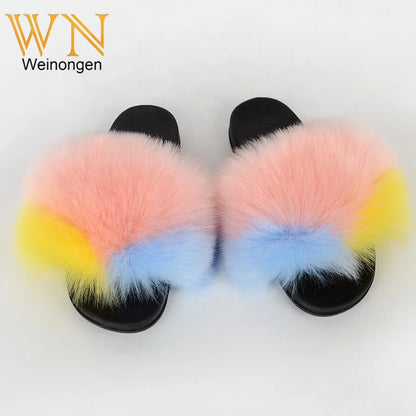 Custom new Summer Colorful Faux Fur Slides For Women Furry Slippers Slides Ladies Big Size Faux Fox Hair sandals-meg BEST buys