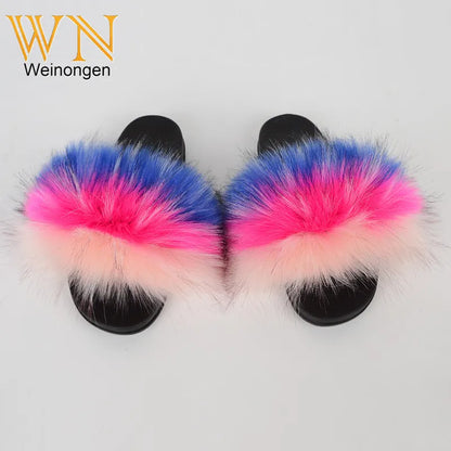 Custom new Summer Colorful Faux Fur Slides For Women Furry Slippers Slides Ladies Big Size Faux Fox Hair sandals-meg BEST buys