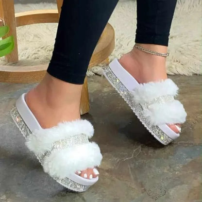 Rhinestone Fur Fluffy Plush Slippers Women Glitter Slides Blinged Platform Slippers For Women-meg BEST buys