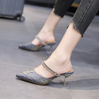 French rhinestone slippers one word with stiletto pointed toe shoes women 2022 spring and summer new high-heeled sandals-meg BEST buys