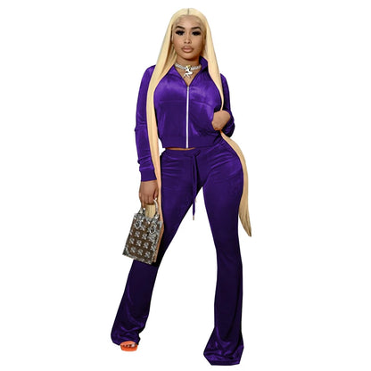 Fall 2022 Solid Velvet Sweatsuit Women Two Piece Sport Suit Zipped Long Sleeve Crop Coat and Bell Bottom Pant Velour Tracksuit-meg BEST buys