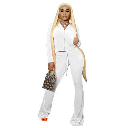 Fall 2022 Solid Velvet Sweatsuit Women Two Piece Sport Suit Zipped Long Sleeve Crop Coat and Bell Bottom Pant Velour Tracksuit-meg BEST buys