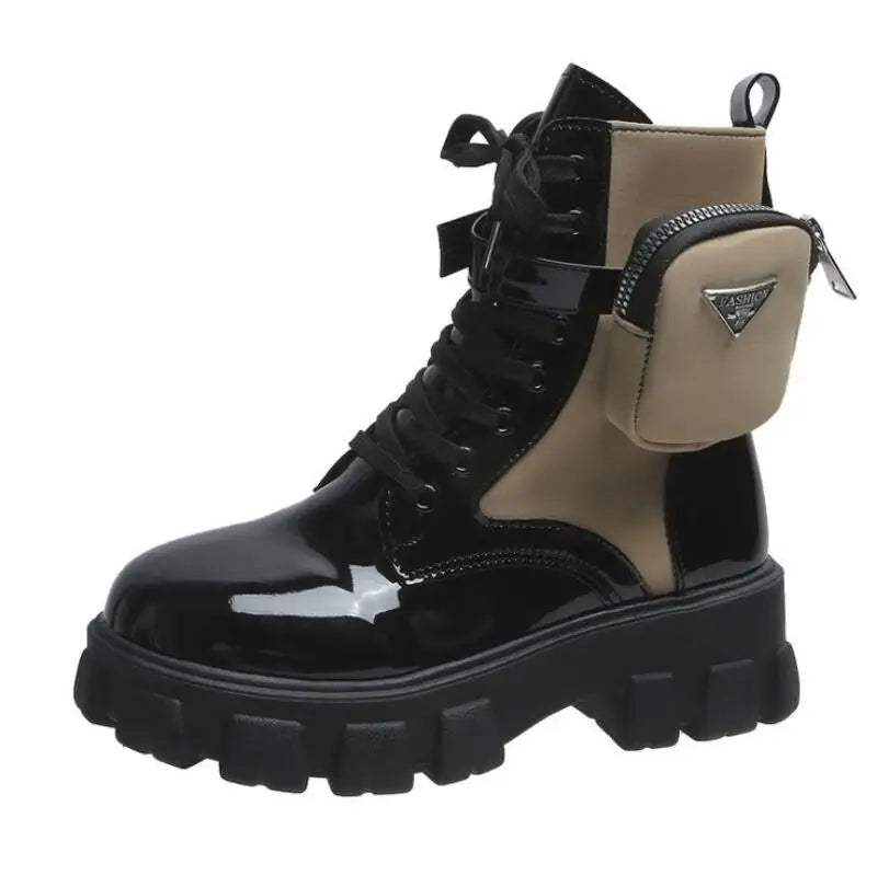 Thick-soled wallet women's boots winter new patent leather women's boots lace up motorcycle boots-meg BEST buys