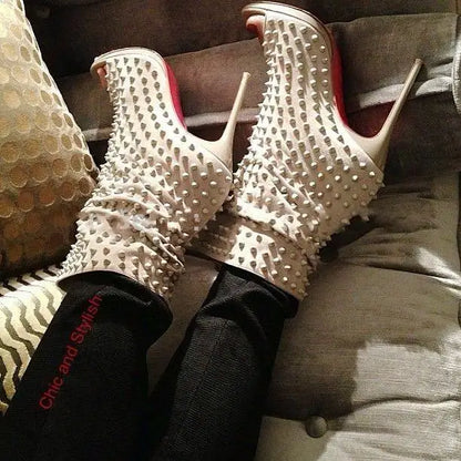 2022 Hot Selling Custom Large Size Rivet Ankle Women Boots Heels Sexy for Ladies Spike High Heels Shoes-meg BEST buys