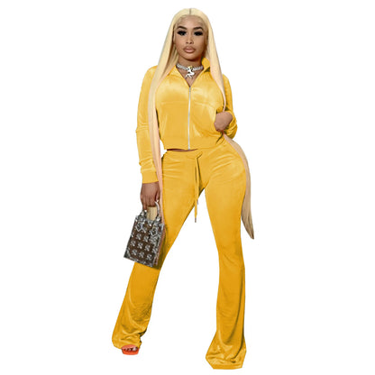 Fall 2022 Solid Velvet Sweatsuit Women Two Piece Sport Suit Zipped Long Sleeve Crop Coat and Bell Bottom Pant Velour Tracksuit-meg BEST buys