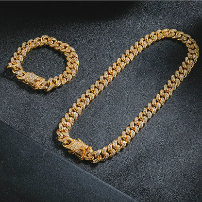 European High Quality Men's Cuban Link Chain Hip Hop Iced Out Crystal Cuban Necklace Link Chain And Bracelet Set for Men-meg BEST buys