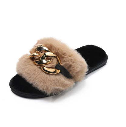Leslides High Quality Fur Flat Sandals Furry Women's Sandals Soft Fur Slippers Sandals Fur Indoor Slides With Large Gold Chain-meg BEST buys