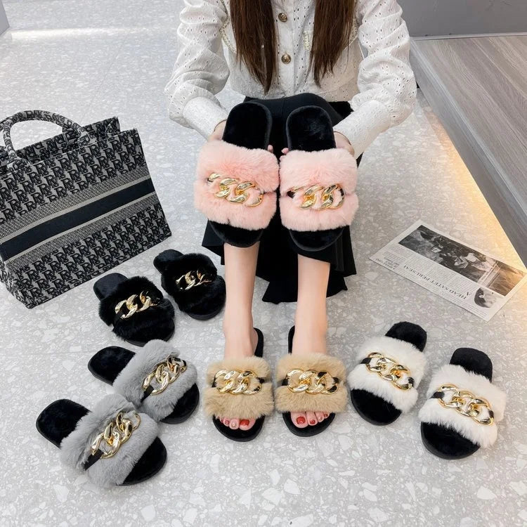 Leslides High Quality Fur Flat Sandals Furry Women's Sandals Soft Fur Slippers Sandals Fur Indoor Slides With Large Gold Chain-meg BEST buys