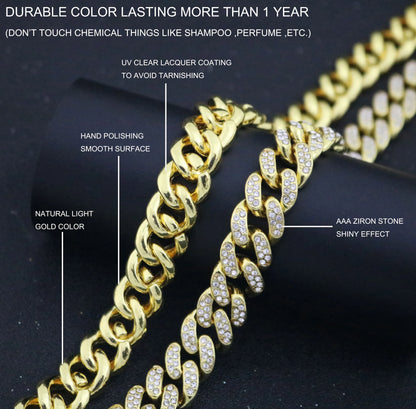 European High Quality Men's Cuban Link Chain Hip Hop Iced Out Crystal Cuban Necklace Link Chain And Bracelet Set for Men-meg BEST buys