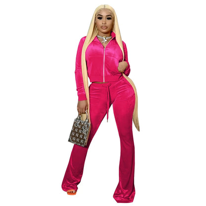Fall 2022 Solid Velvet Sweatsuit Women Two Piece Sport Suit Zipped Long Sleeve Crop Coat and Bell Bottom Pant Velour Tracksuit-meg BEST buys
