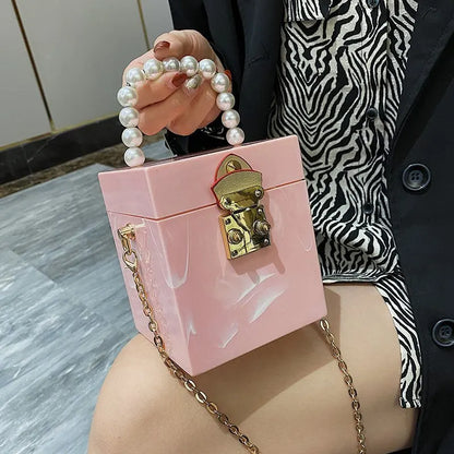 Drop Shipping Retro dinner box patent leather bag female mini pearl portable cosmetic bag casual box handbag tide shoulder bag-meg BEST buys