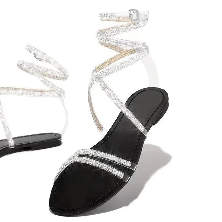 New flat with large size winding belt rhinestones womens sandals-meg BEST buys
